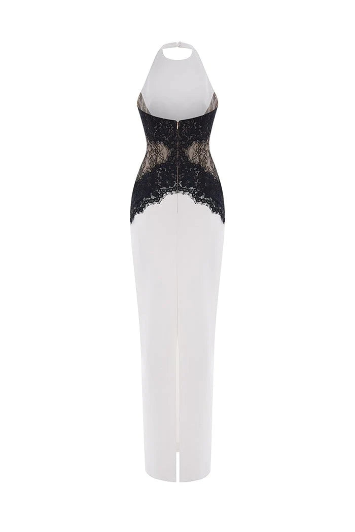 Crew-Neck Halter Backless Lace-Splicing Waist Side-Slit Dress