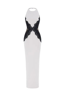 Crew-Neck Halter Backless Lace-Splicing Waist Side-Slit Dress