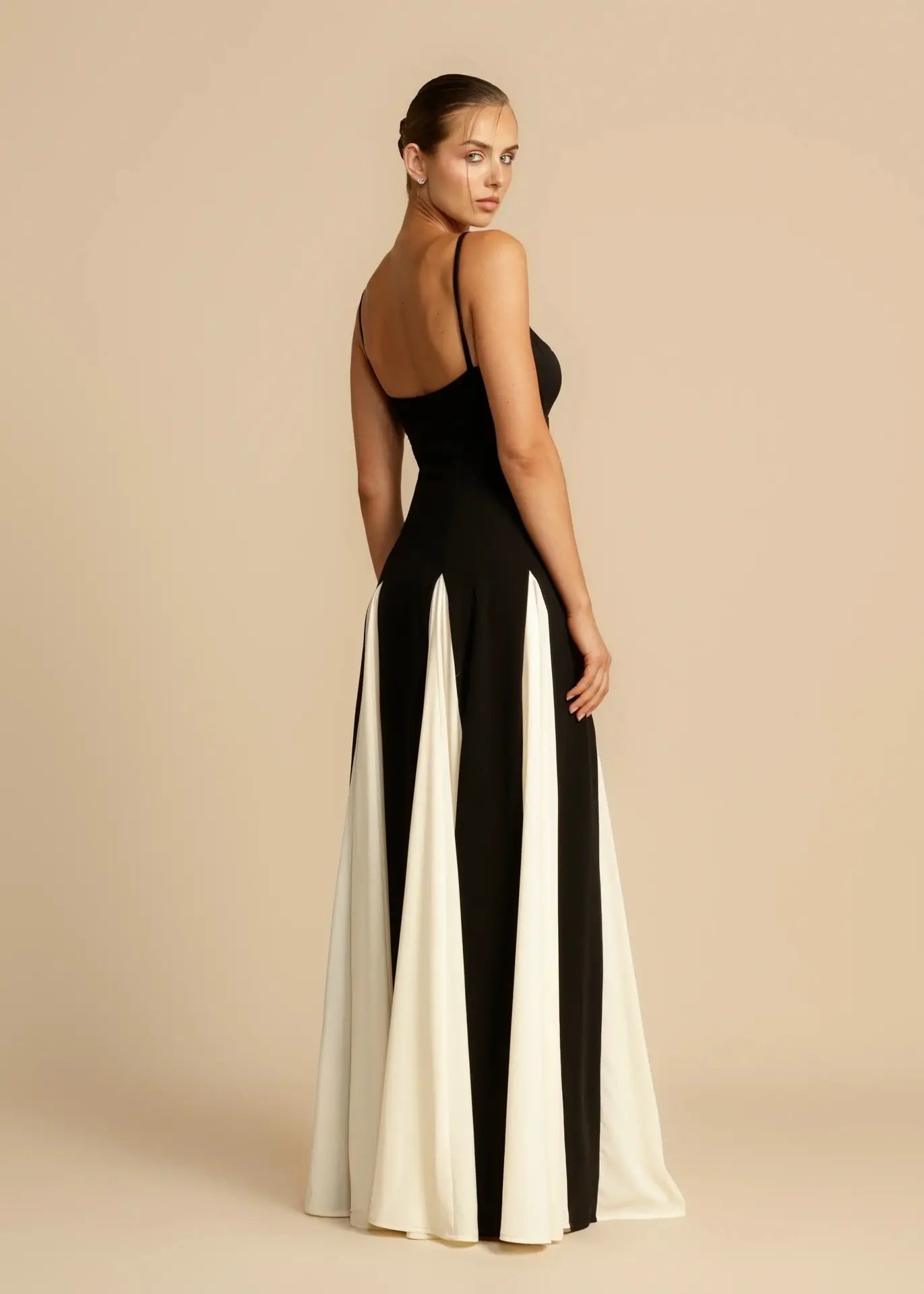 Black and White Pleated Chiffon Maxi Dress