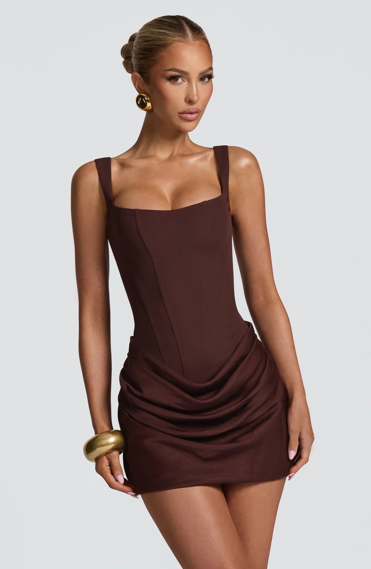 Plum brown Spaghetti Strap Square-Neck Corset-Style Mini Dress