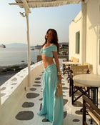 V-Neck Drop Shoulder Twist Detail Top & Draped Ruched Maxi Skirt