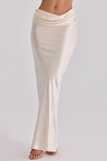 Boat-Neck Long-Sleeve Lace Bodysuit Top with Waist-Drape Satin Skirt Set
