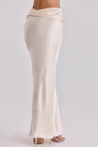 Boat-Neck Long-Sleeve Lace Bodysuit Top with Waist-Drape Satin Skirt Set