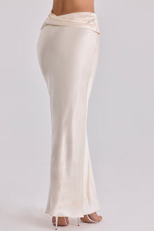 Boat-Neck Long-Sleeve Lace Bodysuit Top with Waist-Drape Satin Skirt Set