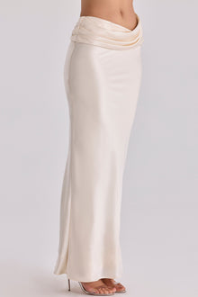 Boat-Neck Long-Sleeve Lace Bodysuit Top with Waist-Drape Satin Skirt Set