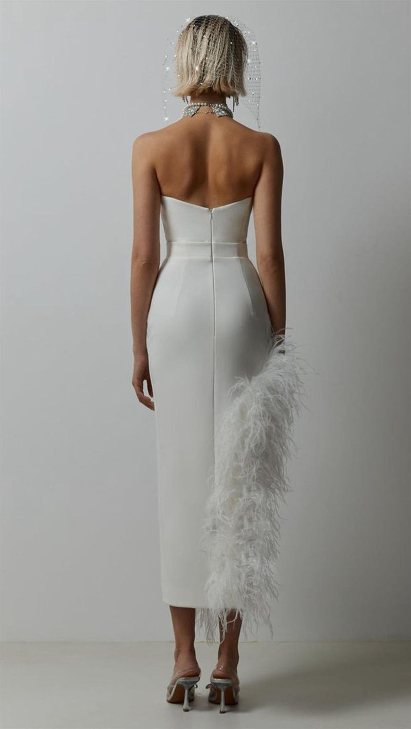 Strapless Feather-Trim Side-Slit Bodycon Dress