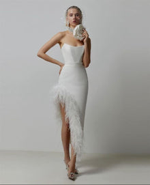 Strapless Feather-Trim Side-Slit Bodycon Dress