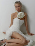 Strapless Feather-Trim Side-Slit Bodycon Dress