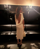 Crew-Neck Asymmetric-Sleeve Open-Back White Knit Dress