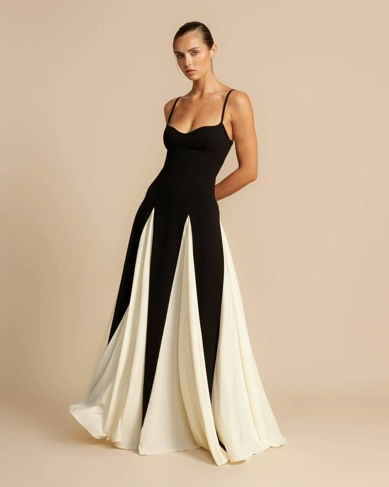 Black and White Pleated Chiffon Maxi Dress
