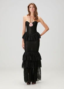 Strapless Corset-Style Halter-Tie 3D Floral Lace Dress