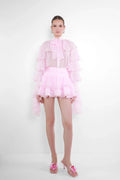 Chiffon Tiered-Ruffle Long-Sleeve Blouse and Tiered Mini Skirt Two-Piece Set