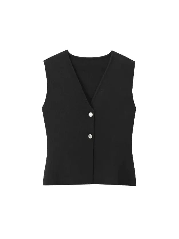 Vest-Style V-Neck Top & Mesh-Panel Skirt Set