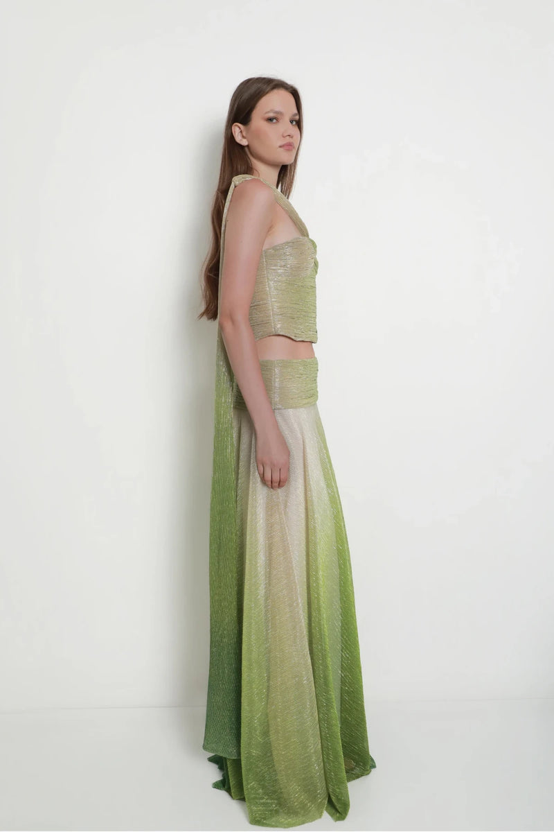 Halter Bandeau-Style Ombre Cropped Top and Mid-to-High Rise Maxi Skirt Set