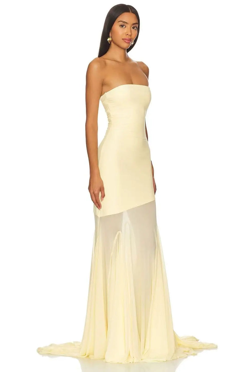 Strapless Bodycon Mesh Paneling Maxi Dres – Elegant Party & Evening Wear