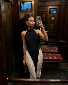 Halter High-Neck Sleeveless Backless Black-and-White Pleated Dress