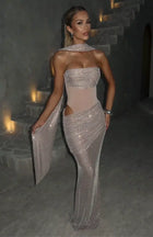 Scarf-Style Bandeau Mesh Rhinestone Waist Cut-Out Dress