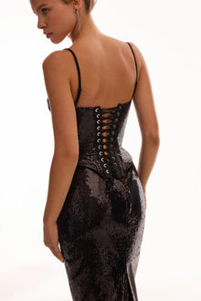 Black Sequin Spaghetti Strap Corset Top and Skirt Two-Piece Set