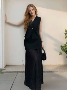 Vest-Style V-Neck Top & Mesh-Panel Skirt Set