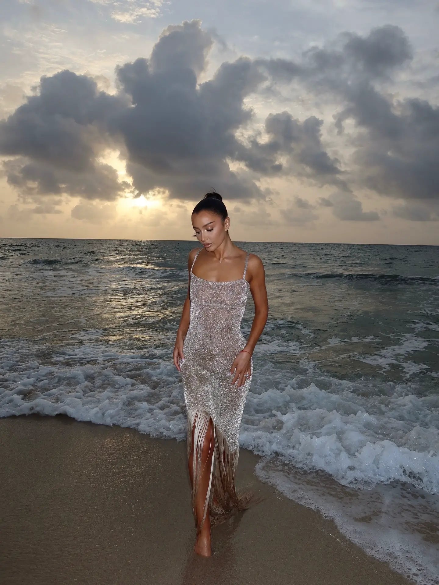 Shimmer Fringe Knit Maxi Dress