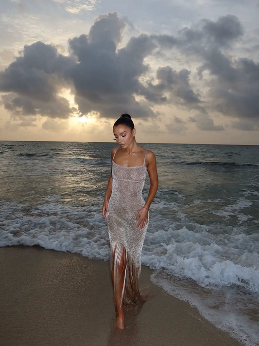 Shimmer Fringe Knit Maxi Dress