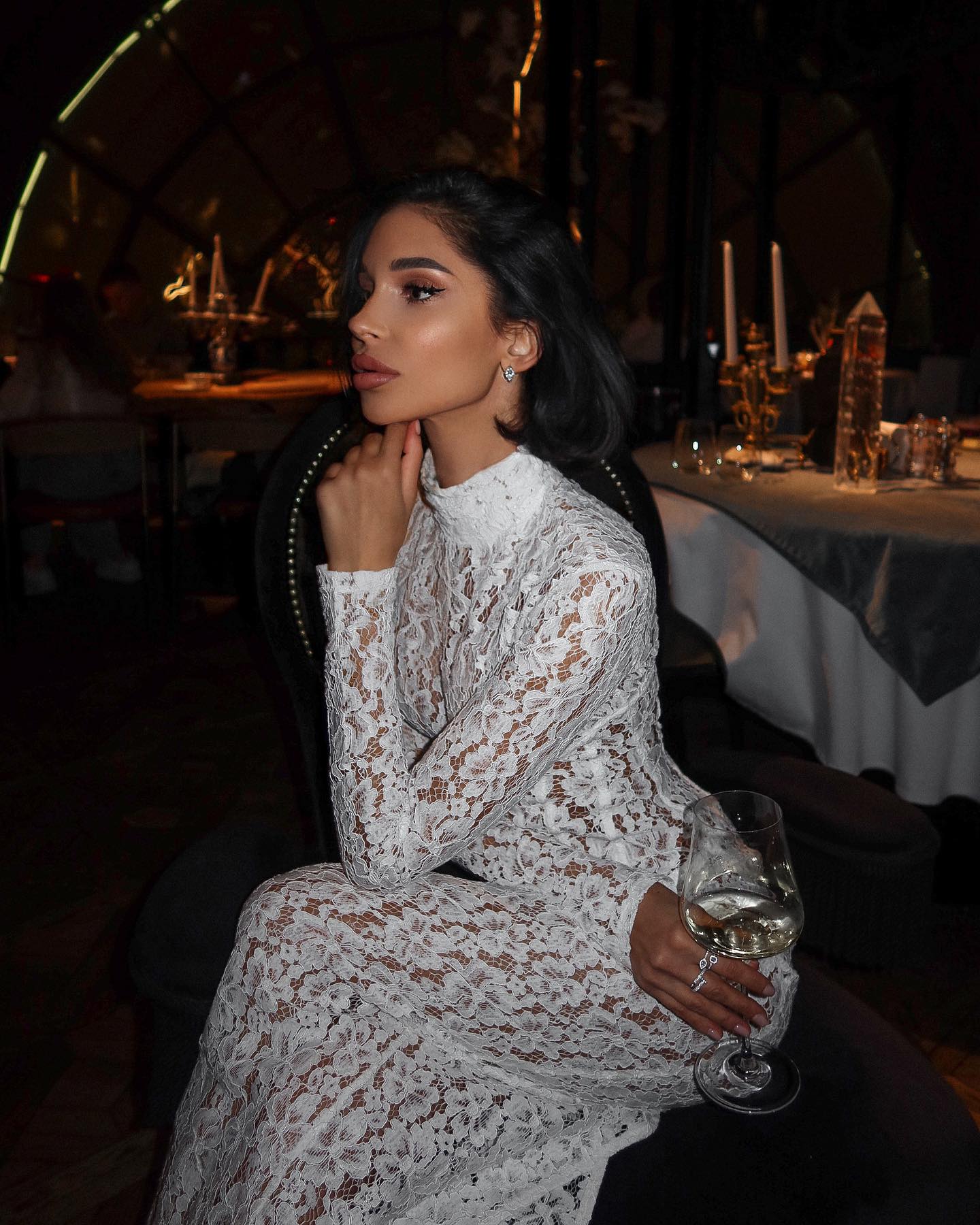 High-Neck Long-Sleeve Corset-Inspired White Lace Dress
