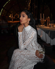High-Neck Long-Sleeve Corset-Inspired White Lace Dress