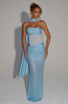 Scarf-Style Bandeau Mesh Rhinestone Waist Cut-Out Dress
