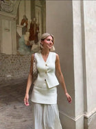 Vest-Style V-Neck Top & Mesh-Panel Skirt Set