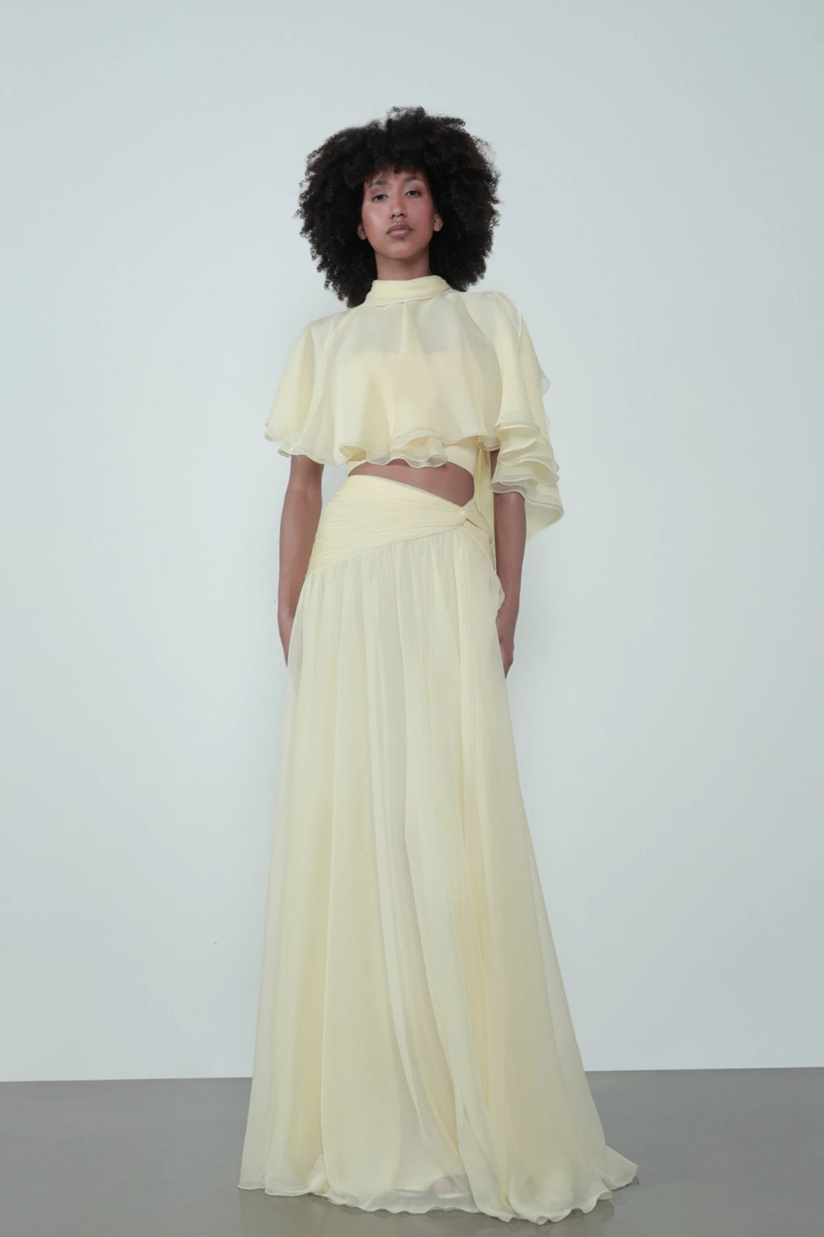 Mock-Neck Cape-Style Cap-Sleeve Top and Waist-Knot Skirt Two-Piece Set