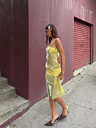 Strapless Iridescent Mesh Four-Way Stretch Paneled Yellow Midi Dress