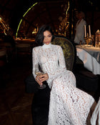 High-Neck Long-Sleeve Corset-Inspired White Lace Dress