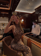 High-Neck Sleeveless Backless Ruched Leopard-Print Maxi Dress