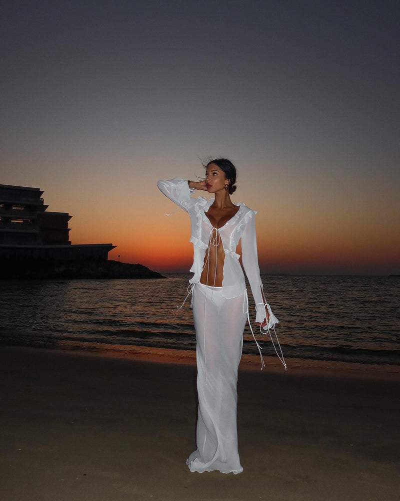 V-Neck Ruffle-Trim Tie-Front Long-Sleeve Cardigan Top with Waist-Tie Chiffon Skirt Two-Piece Set