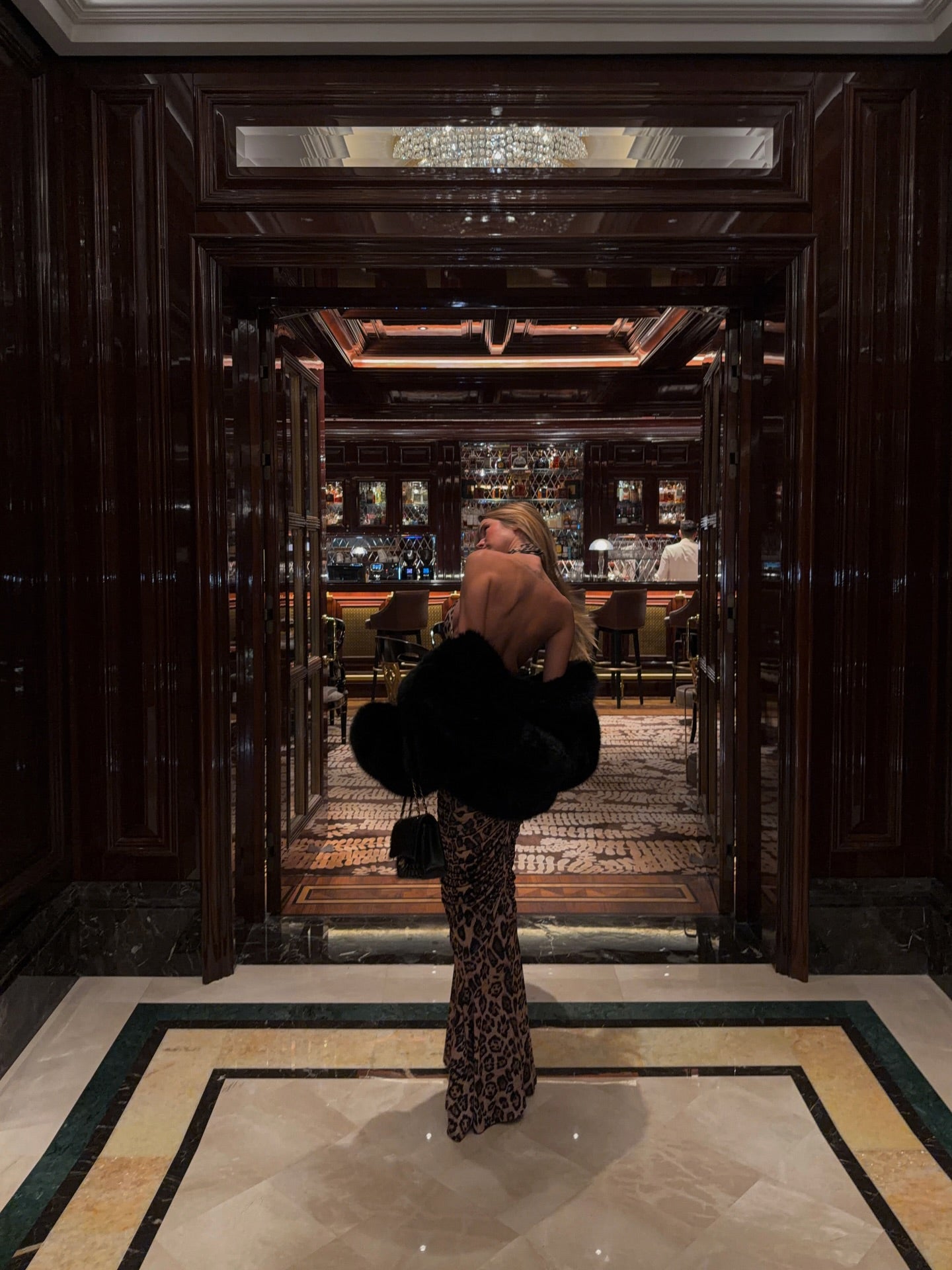 High-Neck Sleeveless Backless Ruched Leopard-Print Maxi Dress