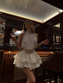 High-Neck Halter Tie-Back Sleeveless Backless Tiered Chiffon Mini Dress