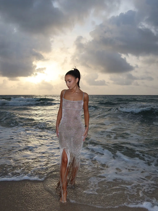 Shimmer Fringe Knit Maxi Dress