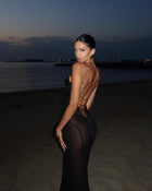 Spaghetti Strap Low-Cut Cutout Open-Back Tie Satin-Chiffon Paneled Semi-Sheer Dress