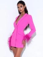 Deep V-Neck Velvet-Lapel Long-Sleeve Ostrich-Feather Blazer Dress