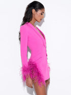 Deep V-Neck Velvet-Lapel Long-Sleeve Ostrich-Feather Blazer Dress