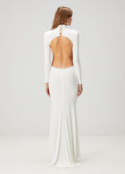 High-Neck Long-Sleeve Backless Asymmetric-Hem Bodycon Dress