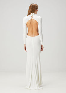 High-Neck Long-Sleeve Backless Asymmetric-Hem Bodycon Dress