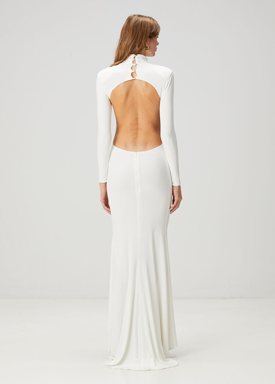 High-Neck Long-Sleeve Backless Asymmetric-Hem Bodycon Dress