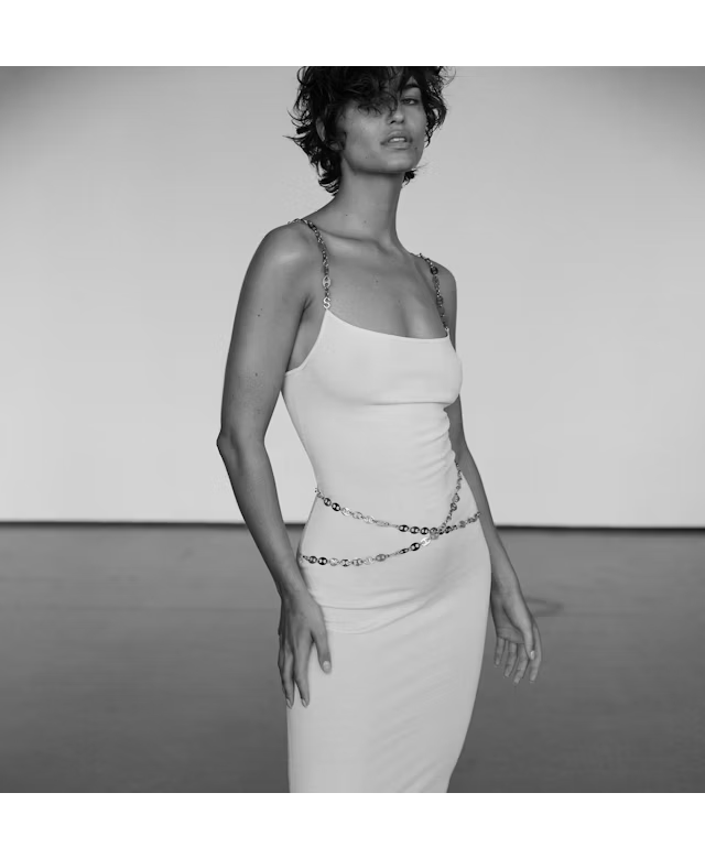 Metal-Chain Strap Bodycon Slit White Dress