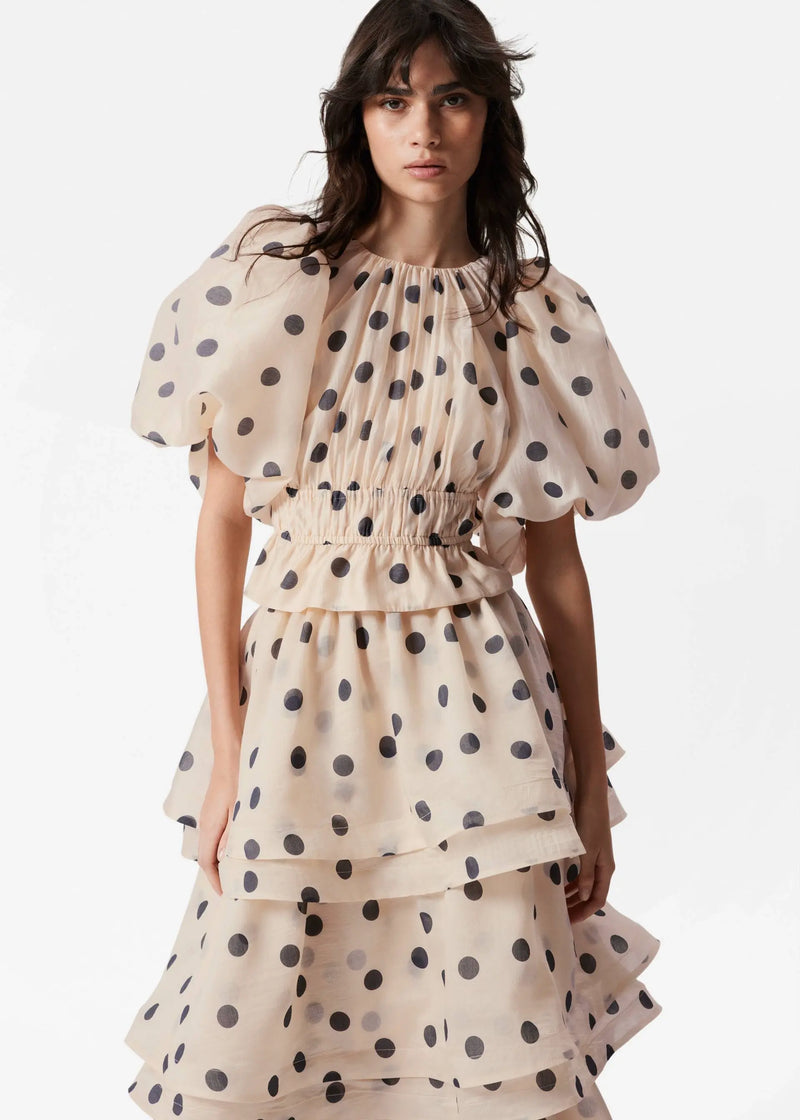 Polka Dot Lantern Sleeve Ruched Waist Top Tiered Skirt Set