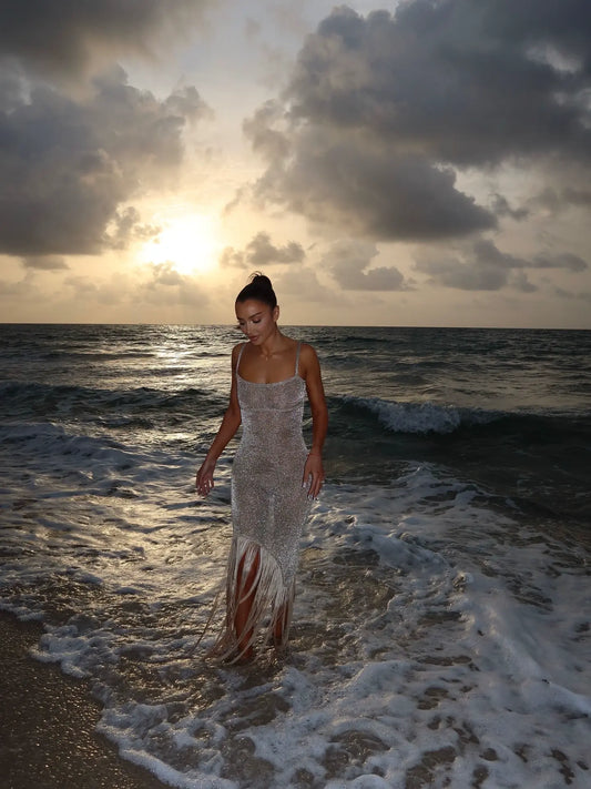 Shimmer Fringe Knit Maxi Dress