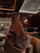 High-Neck Sleeveless Backless Ruched Leopard-Print Maxi Dress