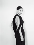 Crew-Neck Asymmetric-Sleeve Open-Back Black Knit Dress