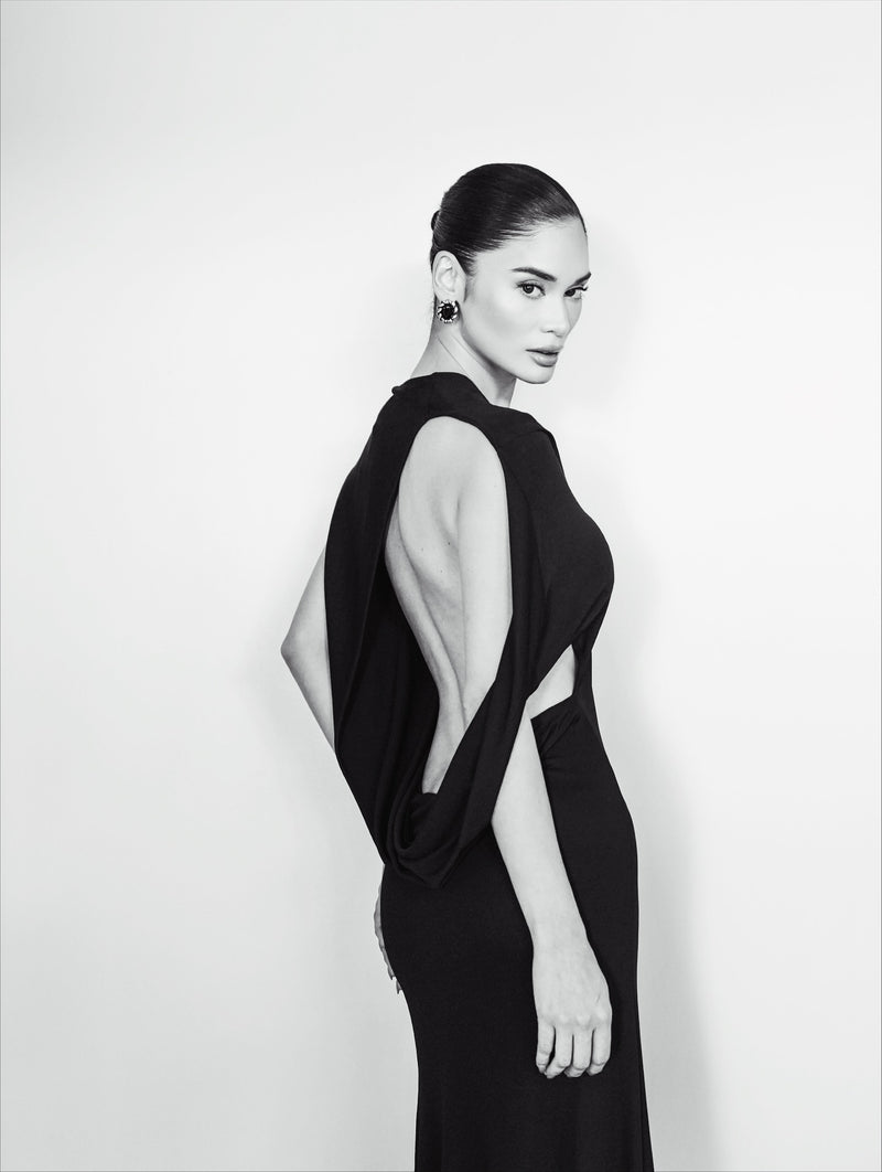 Crew-Neck Asymmetric-Sleeve Open-Back Black Knit Dress