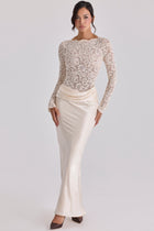 Boat-Neck Long-Sleeve Lace Bodysuit Top with Waist-Drape Satin Skirt Set
